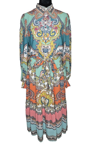 Flying Tomato Dress Womens Small Multicolor Long Sleeve Maxi Boho Paisley Belted