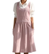 Cotton Linen Pinafore Apron Dress for Women with Pockets Cute Retro Aprons fo...