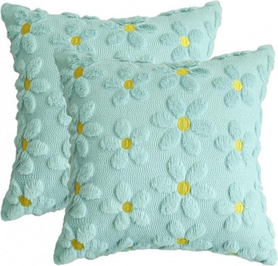 2x Kissenbezug Kunstpelz Blau Gnseblmchen 45x45cm Deko Sofa Frhling Plush