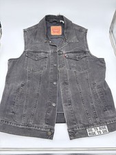 Levi  s Size XL Trucker Faded Black Denim Vest Biker Vintage Distressed Patch