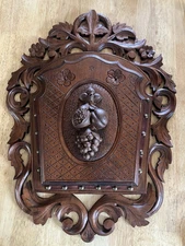 Antique European Black Forest Carved Wood Wall Pocket Plaque Ornate Fruit & Leaf