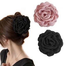 2 PCS Rose Flower Hair Claw Clips Large Blooming Floral Black Pink