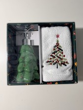 Tinsel Elves Christmas Bathroom Set Soap Dispenser Towel Green Ceramic