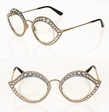 GUCCI LIPS CRYSTAL Sunglasses 4287 Cat Eye Gold Metal Frame Glasses 0046