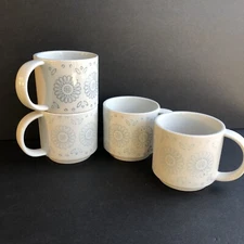 Baum Skylar Coffee Mug Tea Cups Set Of 4 Stackable Denim Blue White Floral