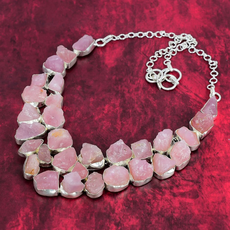 Precioso collar de joyería de plata de ley 925 hecho a mano con piedras preciosas de cuarzo rosa áspero Foto 3 de 4