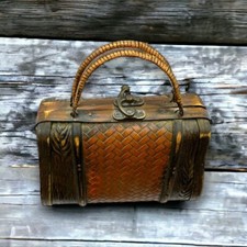 Vintage Wooden Purse Handbag Wrapped Handles Metal Clasp Woven Design Decor