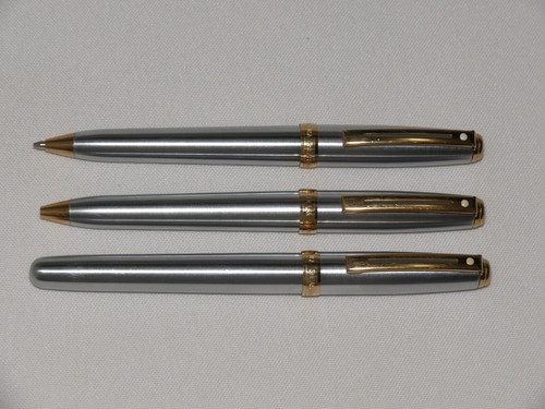 SHEAFFER PRELUDE SET ~ STAINLESS/GOLD ~ ROLLER, BALLPOINT, PENCIL ~ NEW REFILLS