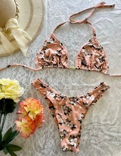 Floral Print Bikini Set Lace Up Knot Side Medium Size - Imported From Brazil