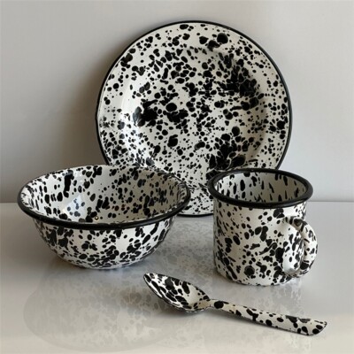 Enamel Marble Salad Plate Bowl Spoon Mug Vintage Black Abstract Collection