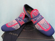 NIB PRADA 2DG098 BLUE RED KNIT LETTERING LOGO MOCCASIN LOAFERS 7.5 US 8.5 ITALY