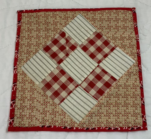 Vintage Patchwork Quilt Table Topper, Four Patch, Early Calico Prints, Red, Gold - Picture 2 of 11