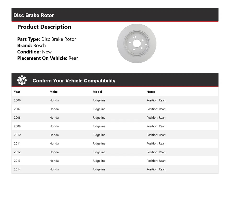 For 2006-2014 Honda Ridgeline Bosch QuietCast Disc Brake Rotor Rear 2007 2008 - Image 2 of 4