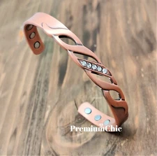 PURE COPPER Magnetic Bracelet Arthritis Pain Therapy Energy Cuff w CZ Stones