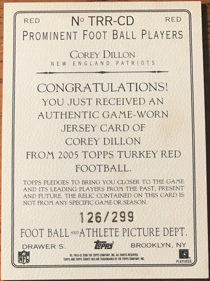 2005 Topps Turkey Red Relics RED Corey Dillon TRR-CD #’d 126/299 - Image 2 of 2