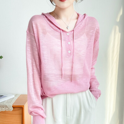 Lady Sheer Knitwear Shirt Hoodie Top Casual T-shirt Knitted Pullover Retro Basic