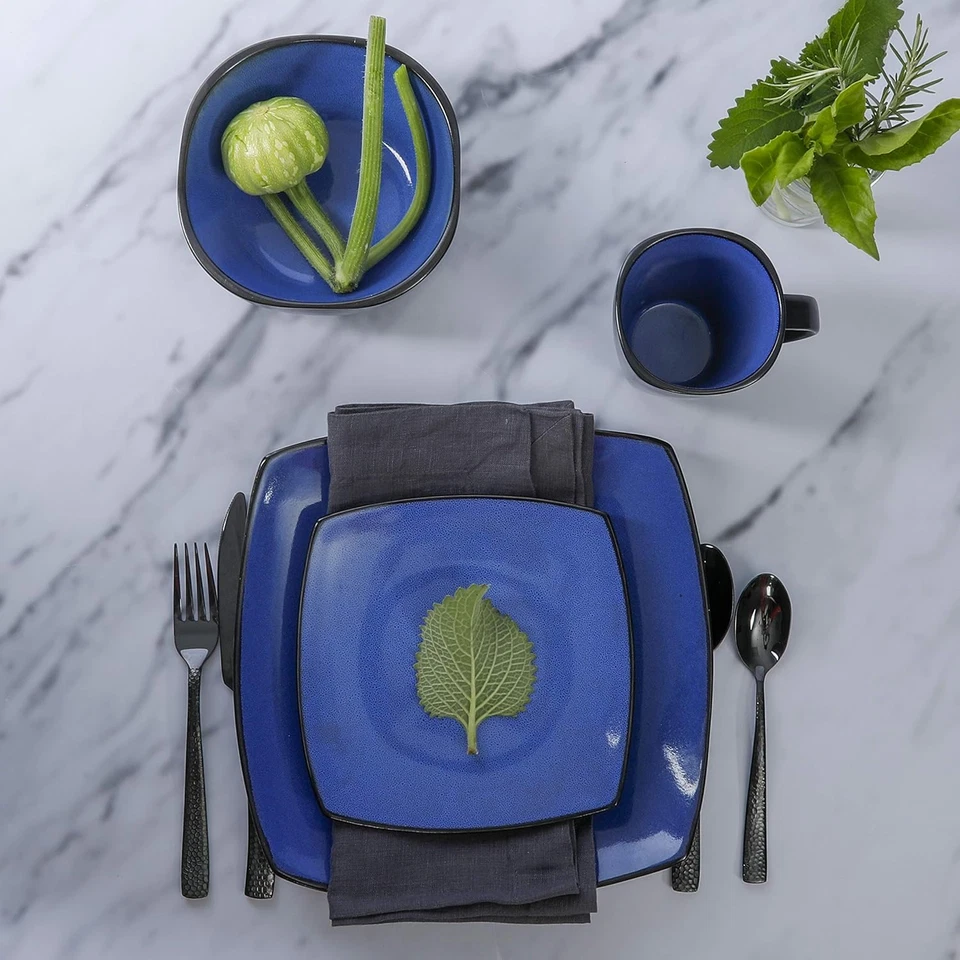 Gibson Soho Lounge 16 Piece Square Dinnerware Set, Blue, Dishwasher Stoneware - Image 3 of 4