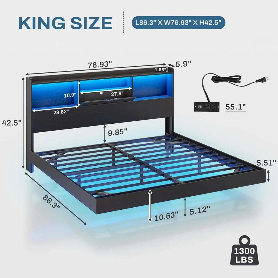 Cama flutuante king size estrutura com luzes LED estação de carregamento plataforma de metal cama - Imagem 2 de 4