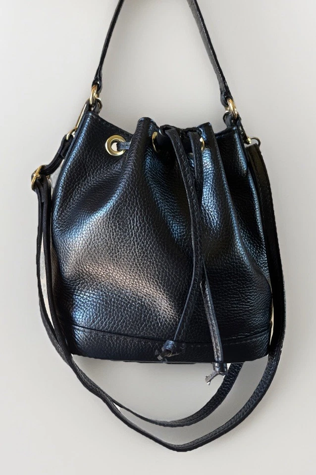 Bolso de Hombro Borse in Pelle Italia Cuero Guijarro Negro Cartera Cubo con Cordón Foto 2 de 4