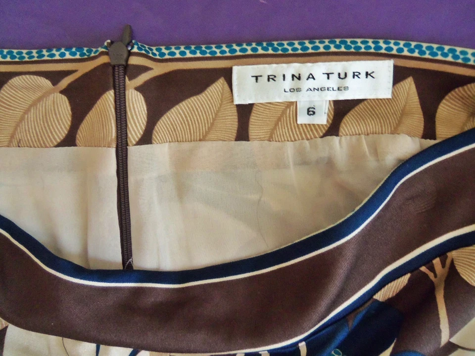 Falda de seda forrada estampado floral azul y marrón gráfico Trina Turk años 90. Talla 6. Foto 4 de 4