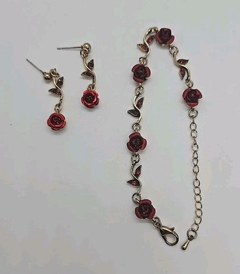 Elegant Gold Bracelet With Red Roses And Red Crystal Accents W/Earrings (JMX)