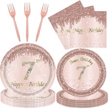 Rose Gold 7th Birthday Tableware Set for Girls - 96 Pcs Disposable Party Supp...