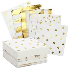 100 Pack White and Gold Cocktail Napkins for Birthday Party, 5 Patterns, 5x5 In