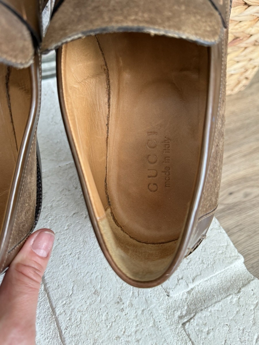 Gucci Suede Penny Loafers Brown Leather Trim Mens 40E Made  display picture 2