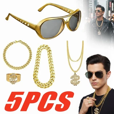 MARKENLOS Zuhälter Kostüm Herren,5 Stück Goldkette Rapper Kostüm Mit Dollar Kette XMAS,