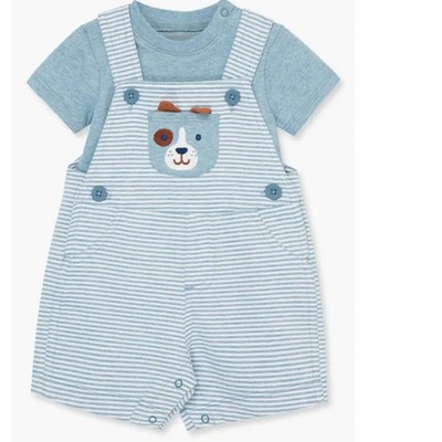 Little Me Knit Shortall Set Blue 2 Piece Puppy Dog Stripes Size 12M NWT
