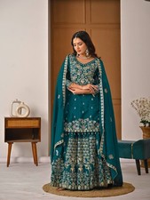 Stylish Heavy Chinon Silk Teal Blue Top Lehenga With Dupatta For Function Wear