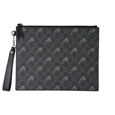 GUCCI Supreme Portfolio Grey Tiger GG Monogram Canvas Leather Wristlet Bag