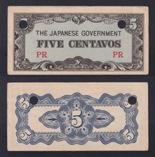 Philippines Japanese Occupation 5 Centavos 1942 P-103a Holes - Cancellation XF+