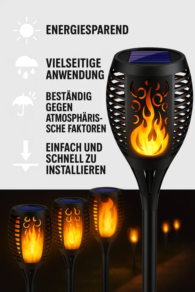 Solarleuchte Gartenfackel Gartenleuchte Balkon LED Solarlampe Flammeneffekt Set - Bild 2 von 4