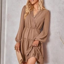 New Dainty Dress Boho Tan Long Sleeve Tiered Ruffle Mini Dress Cowgirl Western