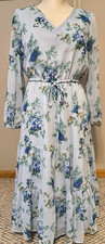 Ladies Ann Taylor Long Sleeved Fully Lined Long Blue Floral Dressy Dress Size XS