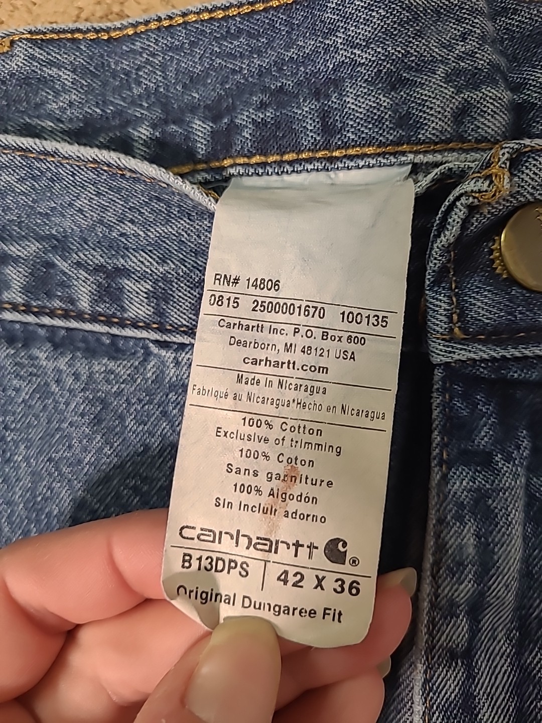 Carhartt B13DPS Jeans Mens 42x36 Original Dungaree Carpenter Cargo Logger Blue thumbnail 15