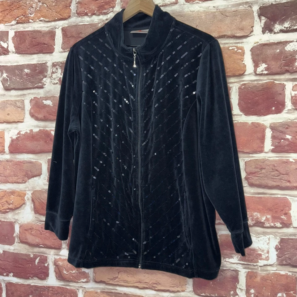 Quacker Factory Jacket Womens 1X Black Velvet Velour Sequin Casual Zip Up - Image 3 of 4