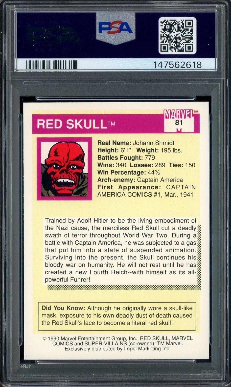 1990 Impel Marvel Universe Super Villains #81 Red Skull PSA 8 NM-MT view 2