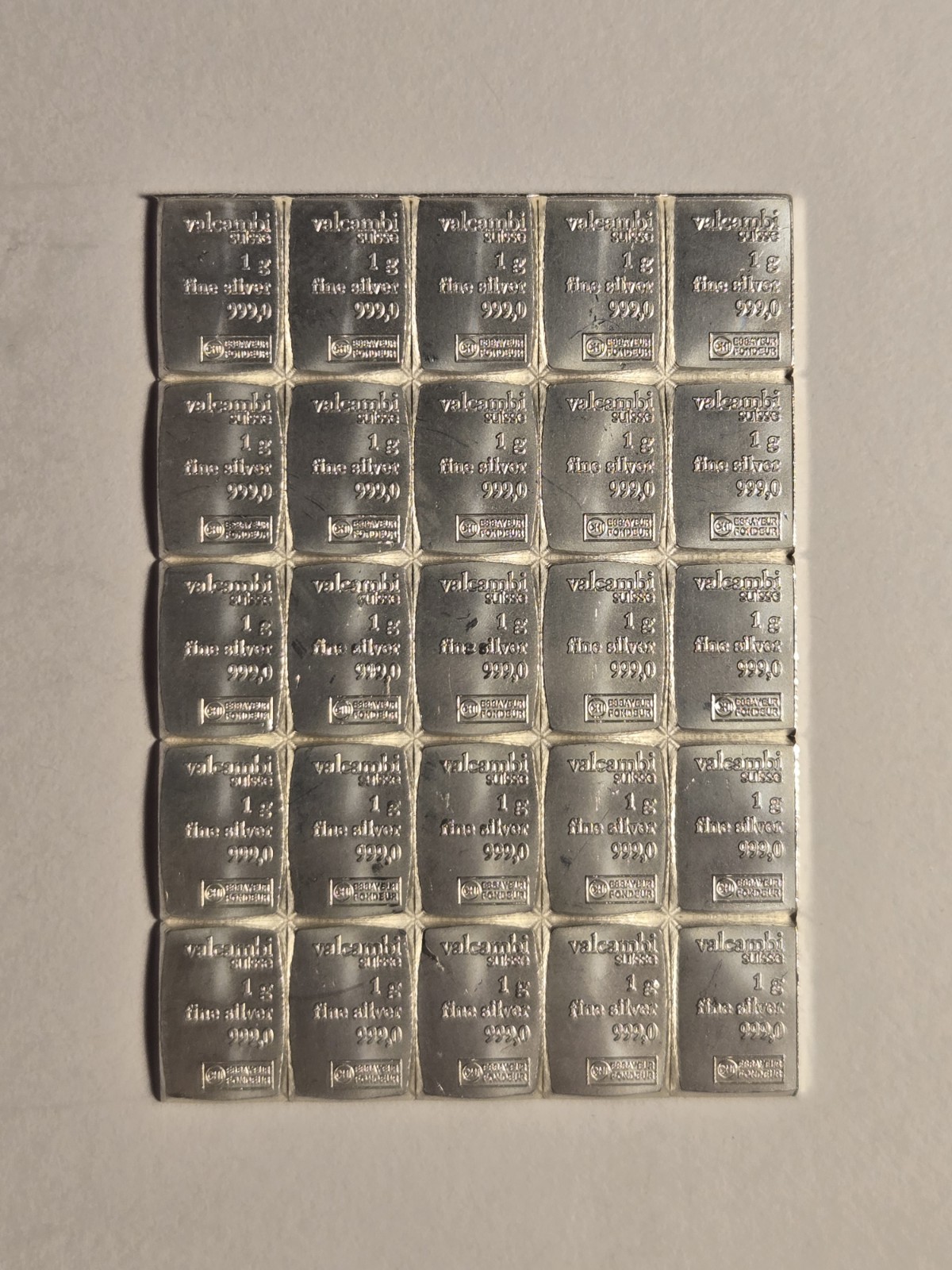 25 Gram .999 Fine Silver Bar Valcambi Suisse Breakable 1 Gram Bars