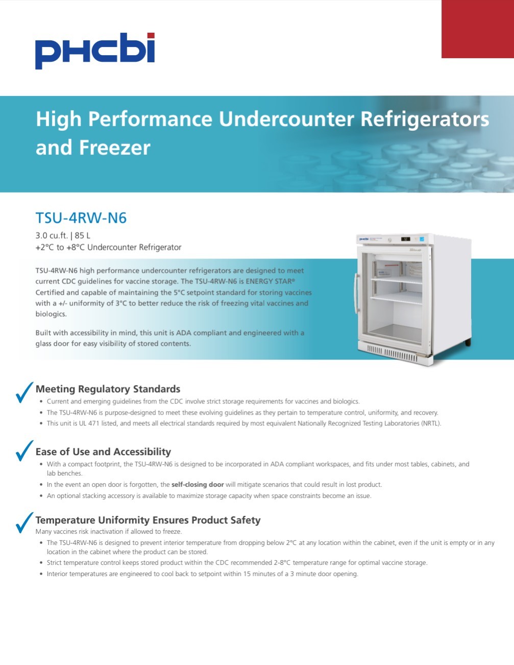 PHCbi PR Series 5.0 Cu. Ft. Undercounter Medical Refrigerator | Glass Door