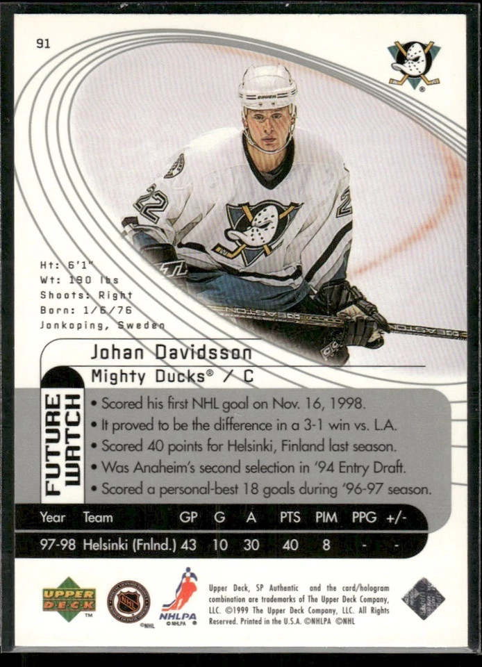 1998-99 SP Authentic Johan Davidsson 1897/2000 Anaheim Mighty Ducks #91 - Image 2 of 2