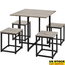 5-Piece Industrial Dining Set Square Table 4 Backless Stools Space Saving Modern