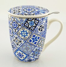 Teetasse Tasse Becher Keramik mit Teesieb und Keramikdeckel Mug Tee Mosaico Azul