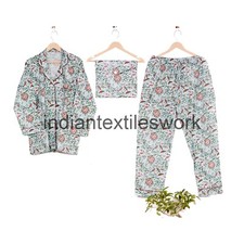 Hand Block Flower Print Cotton PJs Suit Indian Women Night Wear Dress CNS61
