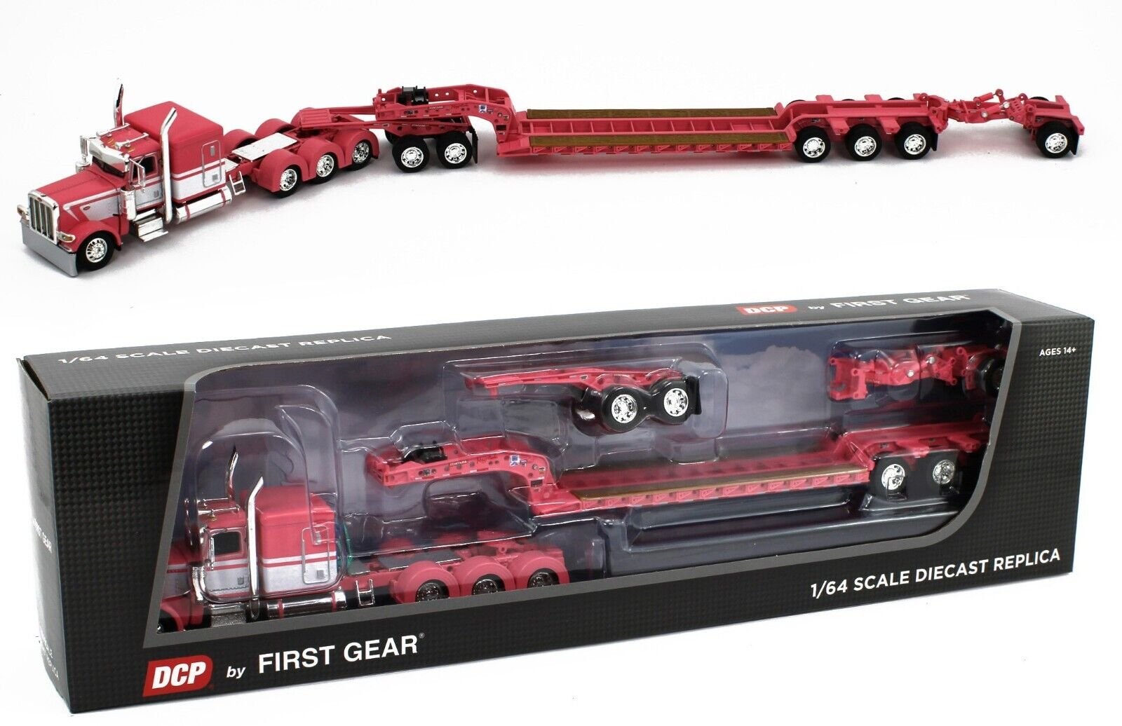 2022 DCP 1:64 *PINK WHITE* Peterbilt 389 Tri-Axle w/Magnitude HEAVY HAUL Lowboy