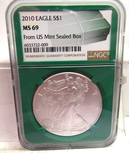 2010 $1 AMERICAN SILVER EAGLE NGC MS69 FROM US MINT SEALED BOX LABEL GREEN CORE