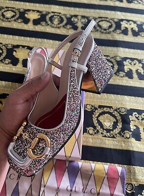 NEW GUCCI Glitter Horsebit Slingback Pumps Shoes Lovelight NEW GUCCI Glitter Horsebit Slingback Pumps Shoes Lovelight