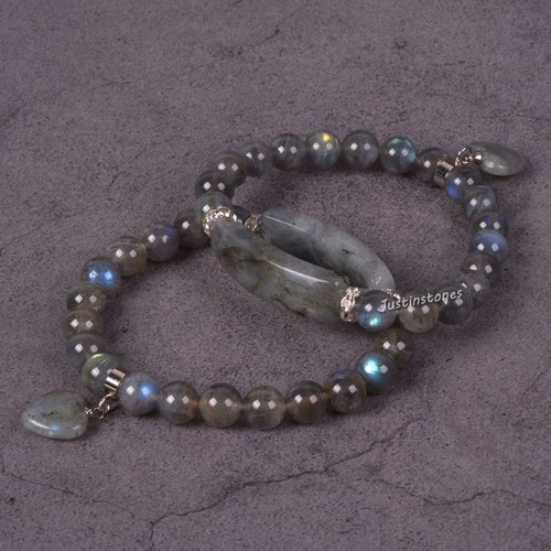 Semi-precious gemstone beads Heart Charm stretch bracelet 7" - Picture 127 of 168