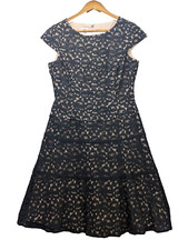 Anne Klein Dress Womens 10 Black Lace Nude Lining Cap Sleeve A-Line Party